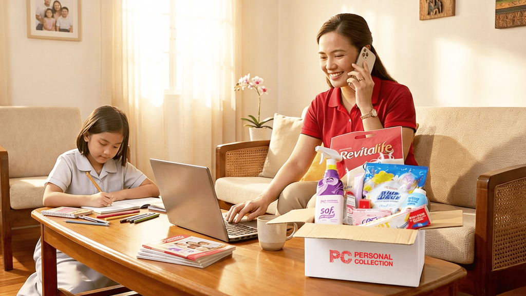 a working mother talking someone on the phone, with her daughter writing on her notes