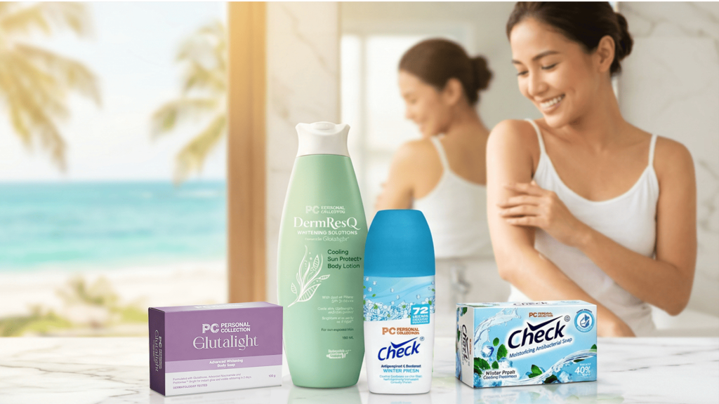 a woman putting in PC's skincare products