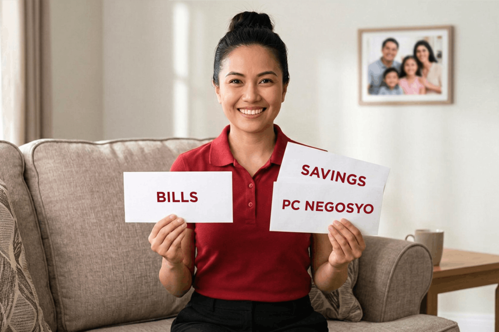 Woman in red polo shirt sitting on a couch and holding three placards labelled, "Bills", "Savings", and "PC Negosyo."