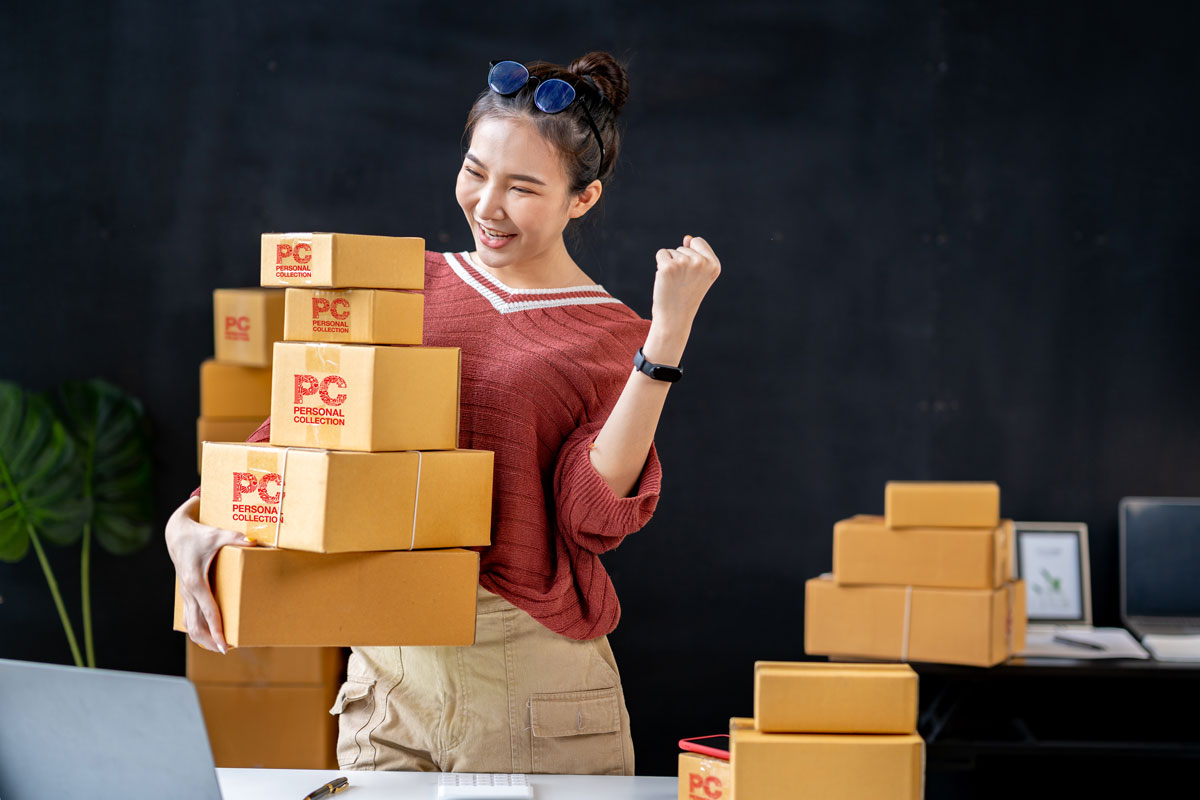an online business owner packing her parcels